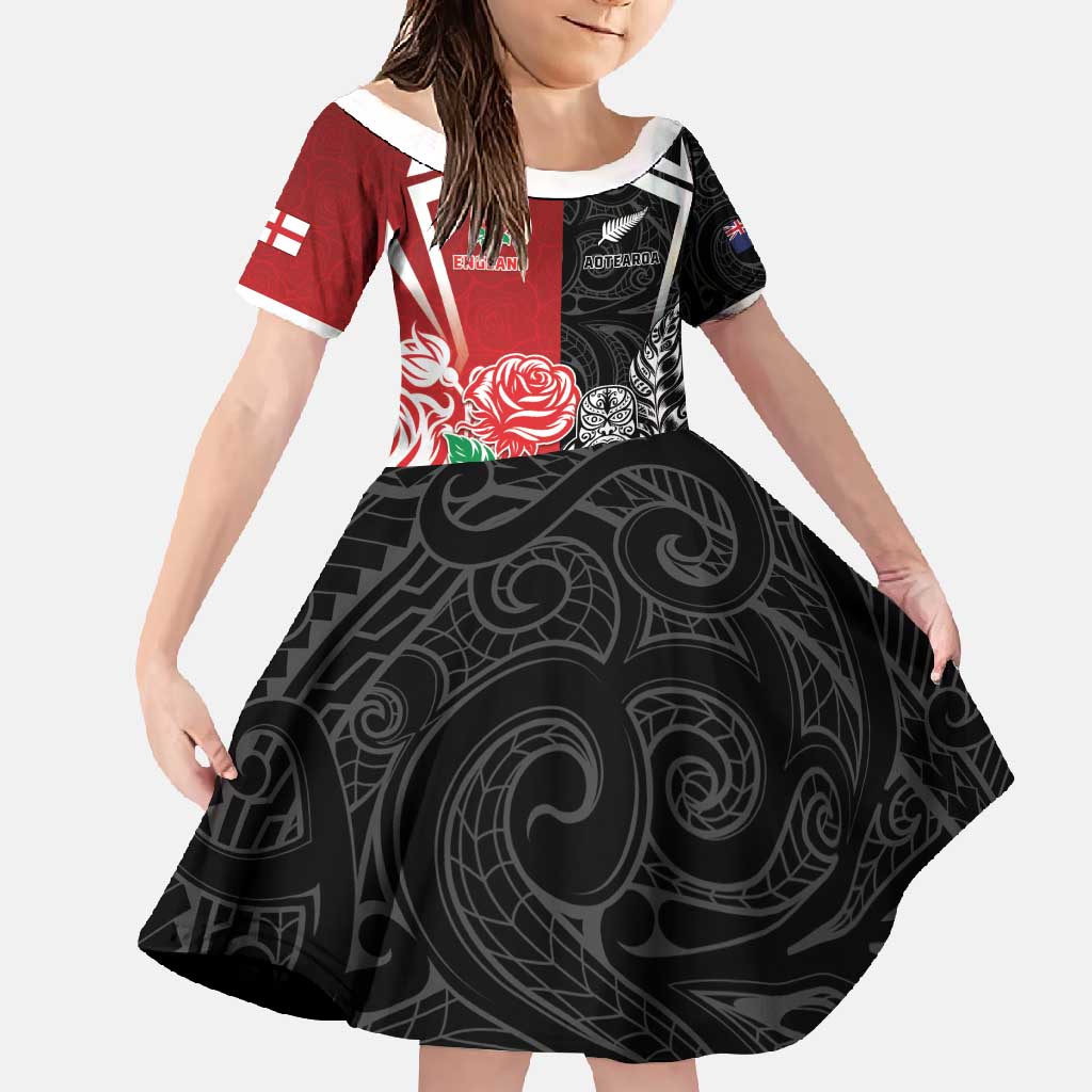 New Zealand And England Rugby Custom Family Matching Mermaid Dress and Hawaiian Shirt Maori Tiki With Red Rose Together