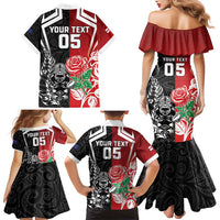 New Zealand And England Rugby Custom Family Matching Mermaid Dress and Hawaiian Shirt Maori Tiki With Red Rose Together