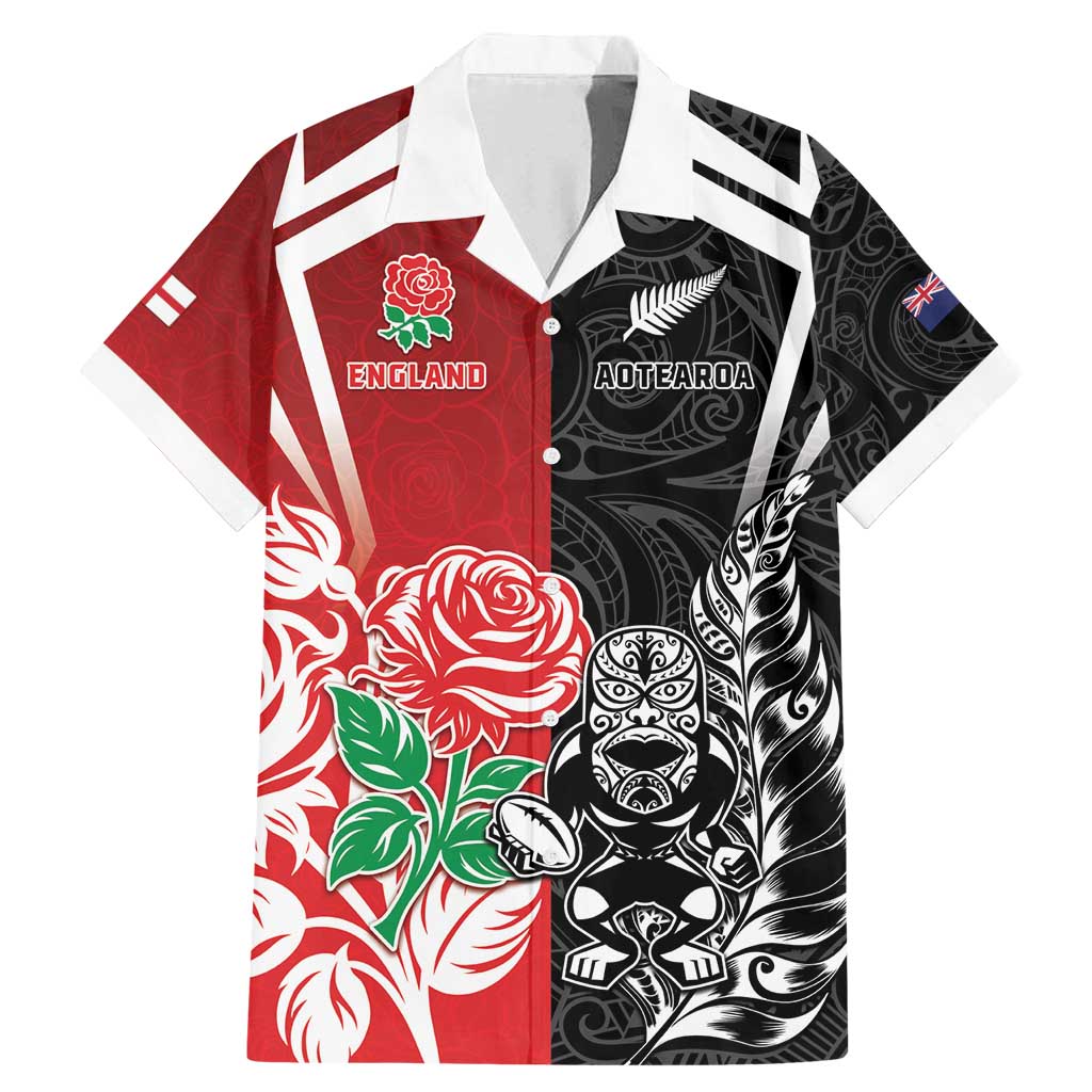 New Zealand And England Rugby Custom Family Matching Mermaid Dress and Hawaiian Shirt Maori Tiki With Red Rose Together