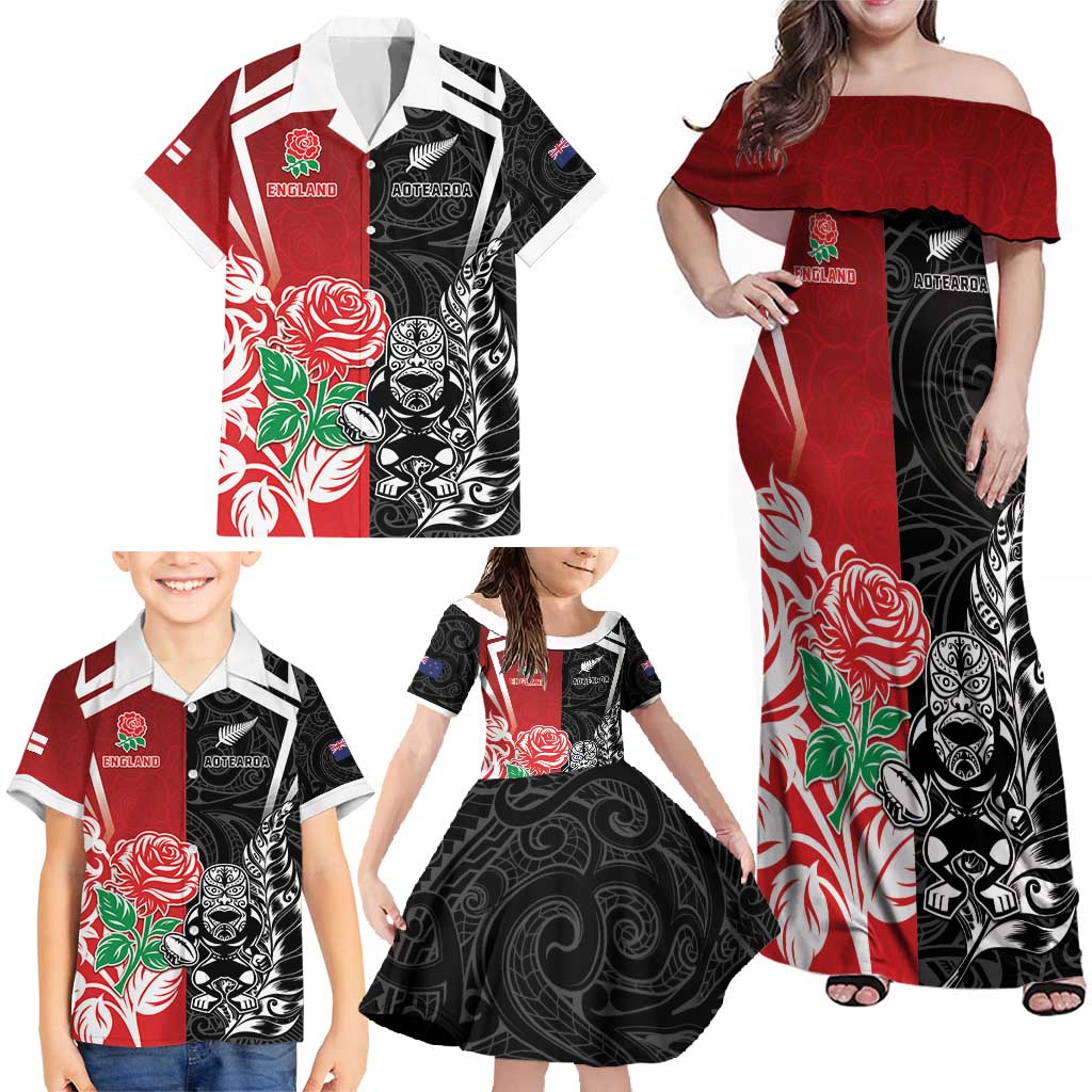 New Zealand And England Rugby Custom Family Matching Off Shoulder Maxi Dress and Hawaiian Shirt Maori Tiki With Red Rose Together