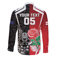 New Zealand And England Rugby Custom Family Matching Off Shoulder Short Dress and Hawaiian Shirt Maori Tiki With Red Rose Together