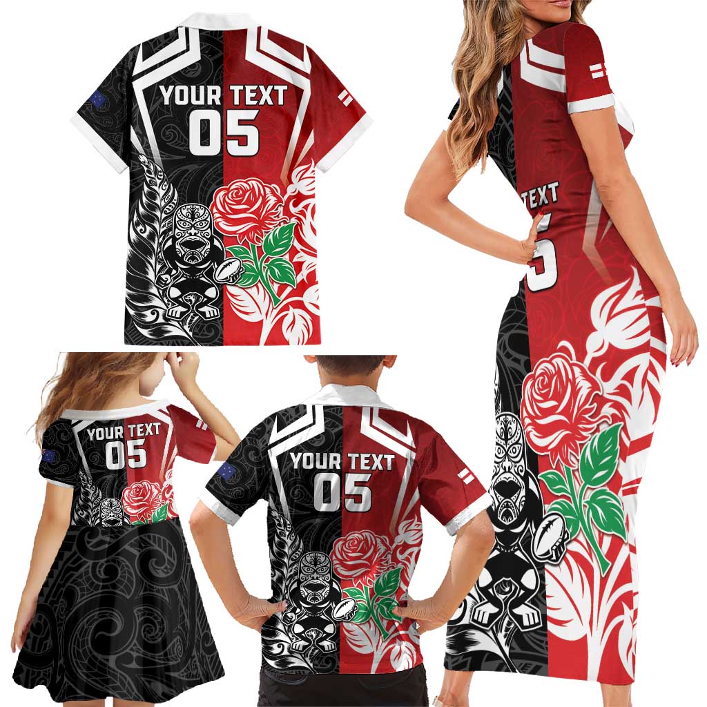 New Zealand And England Rugby Custom Family Matching Short Sleeve Bodycon Dress and Hawaiian Shirt Maori Tiki With Red Rose Together