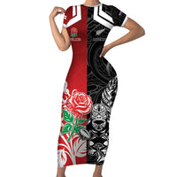New Zealand And England Rugby Custom Family Matching Short Sleeve Bodycon Dress and Hawaiian Shirt Maori Tiki With Red Rose Together
