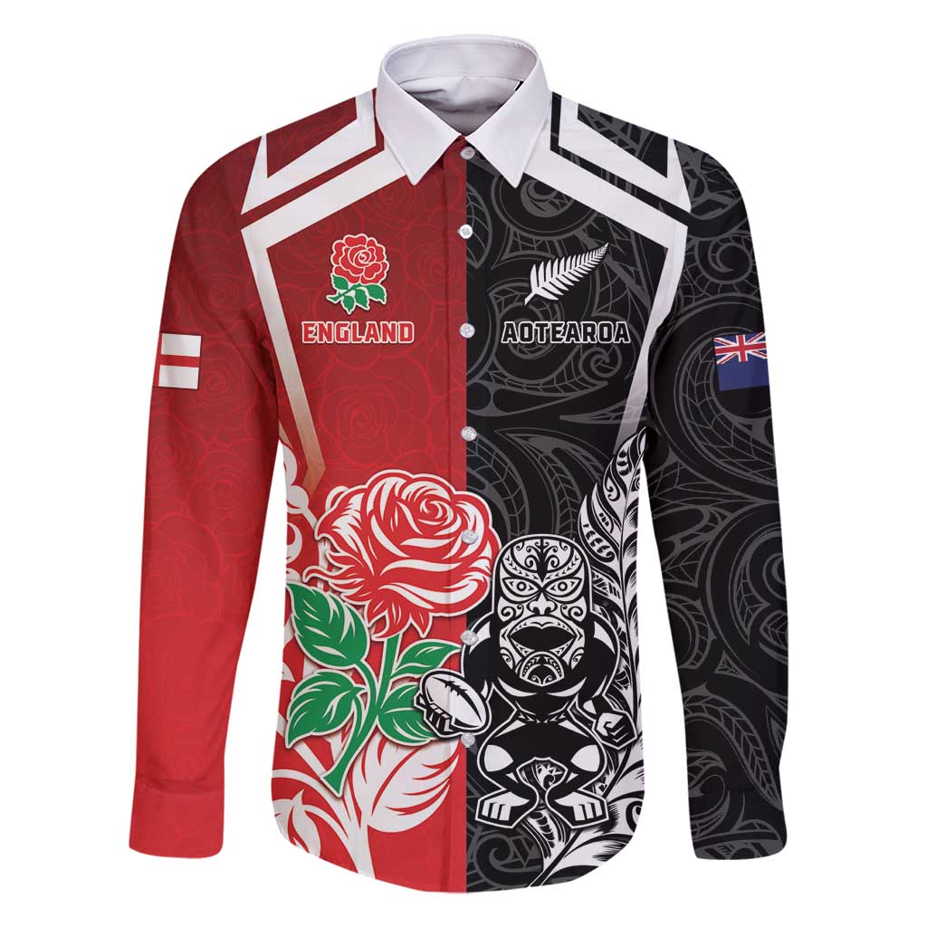New Zealand And England Rugby Custom Family Matching Summer Maxi Dress and Hawaiian Shirt Maori Tiki With Red Rose Together