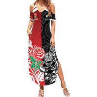 New Zealand And England Rugby Custom Family Matching Summer Maxi Dress and Hawaiian Shirt Maori Tiki With Red Rose Together