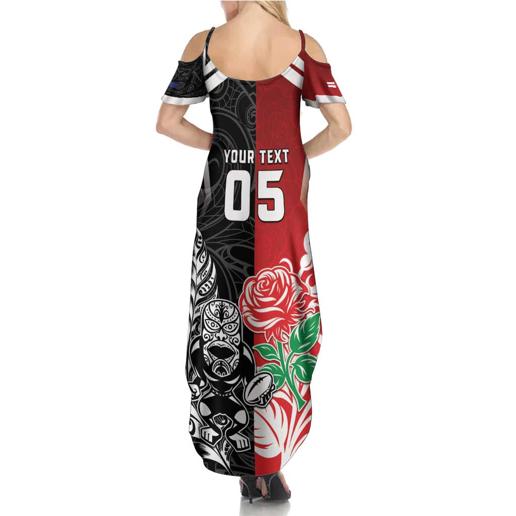 New Zealand And England Rugby Custom Family Matching Summer Maxi Dress and Hawaiian Shirt Maori Tiki With Red Rose Together