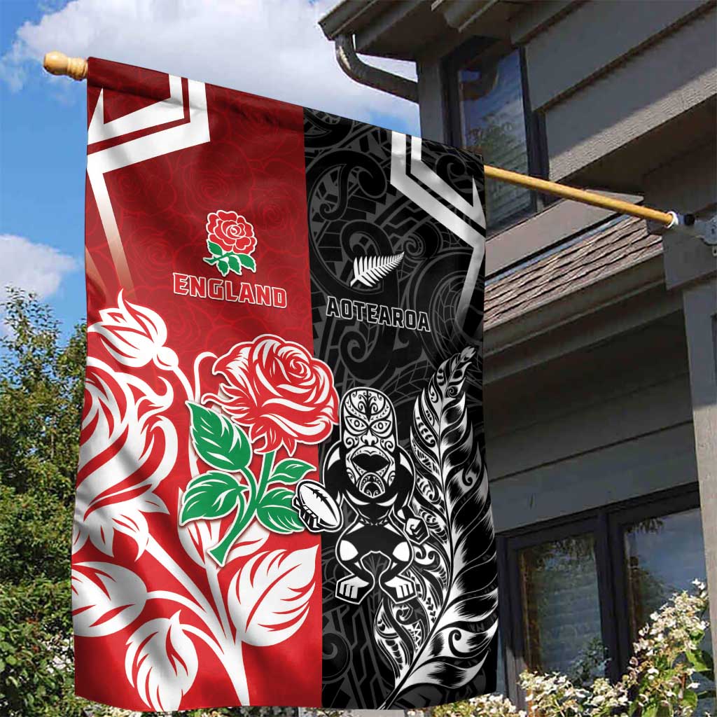 New Zealand And England Rugby Garden Flag Maori Tiki With Red Rose Together