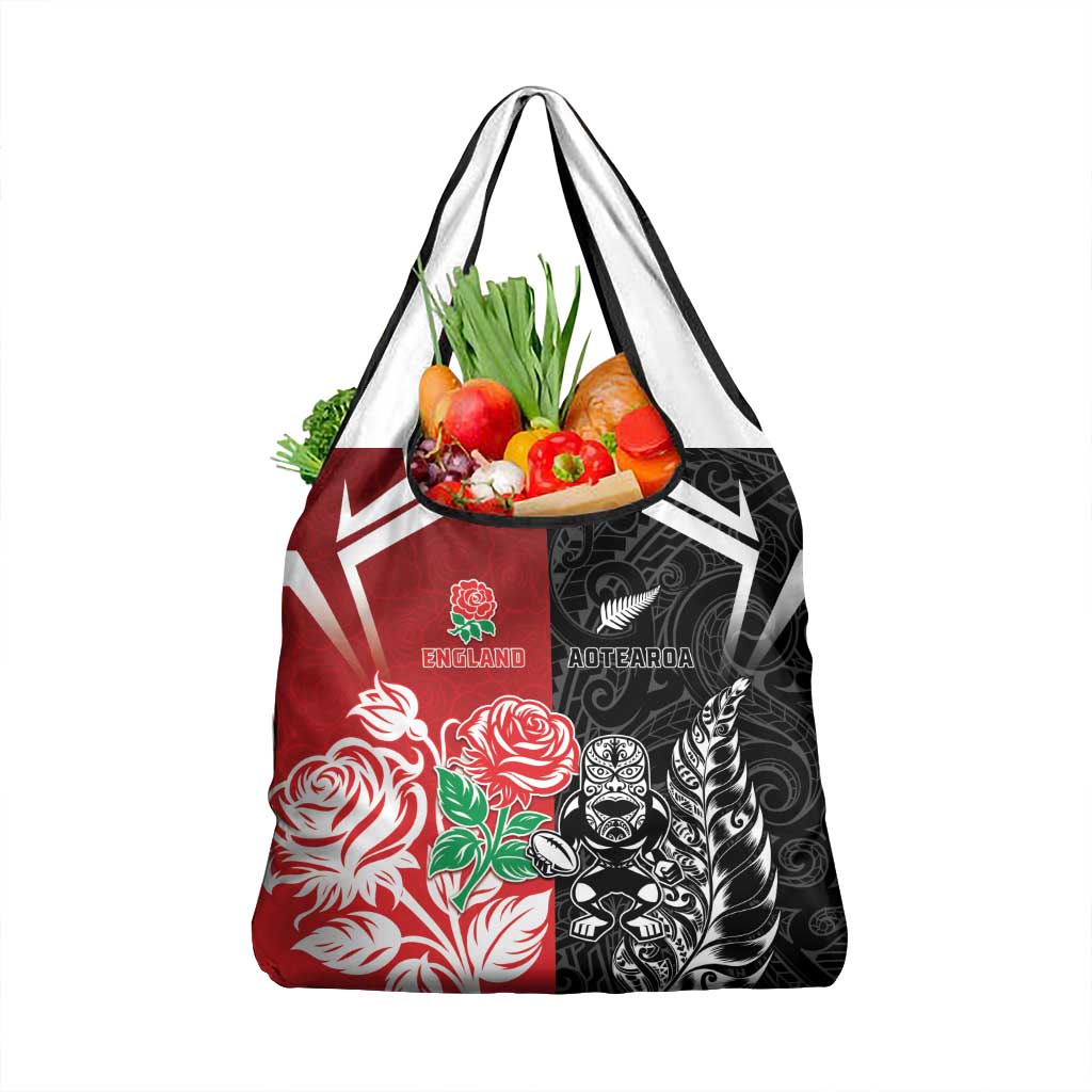 New Zealand And England Rugby Grocery Bag Maori Tiki With Red Rose Together