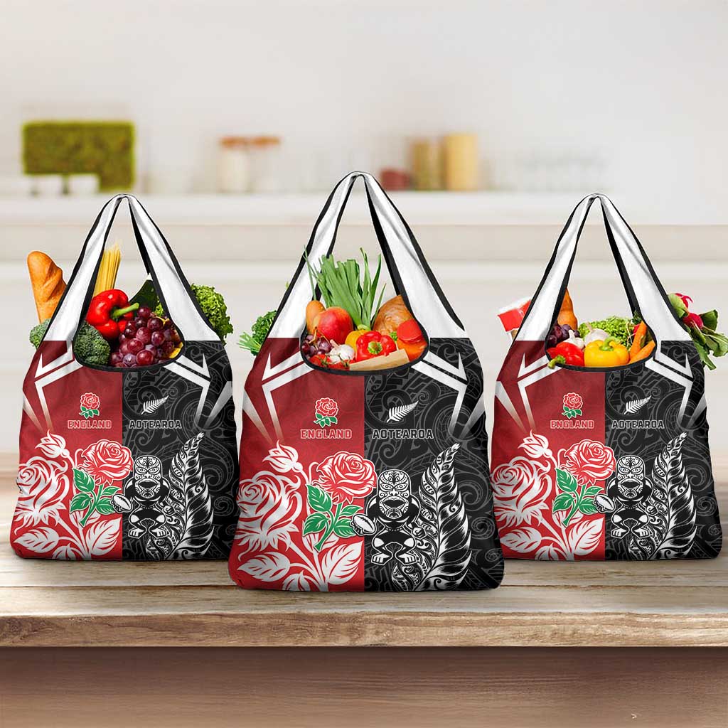 New Zealand And England Rugby Grocery Bag Maori Tiki With Red Rose Together