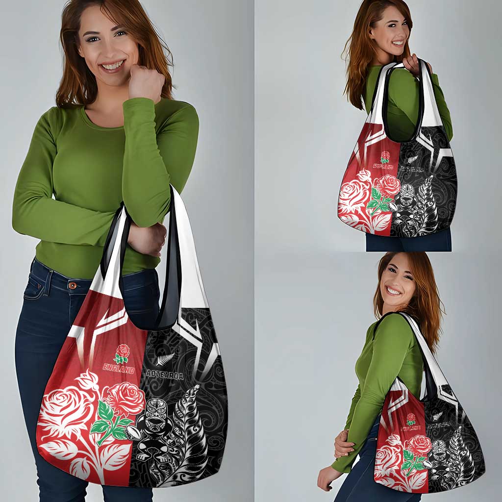 New Zealand And England Rugby Grocery Bag Maori Tiki With Red Rose Together