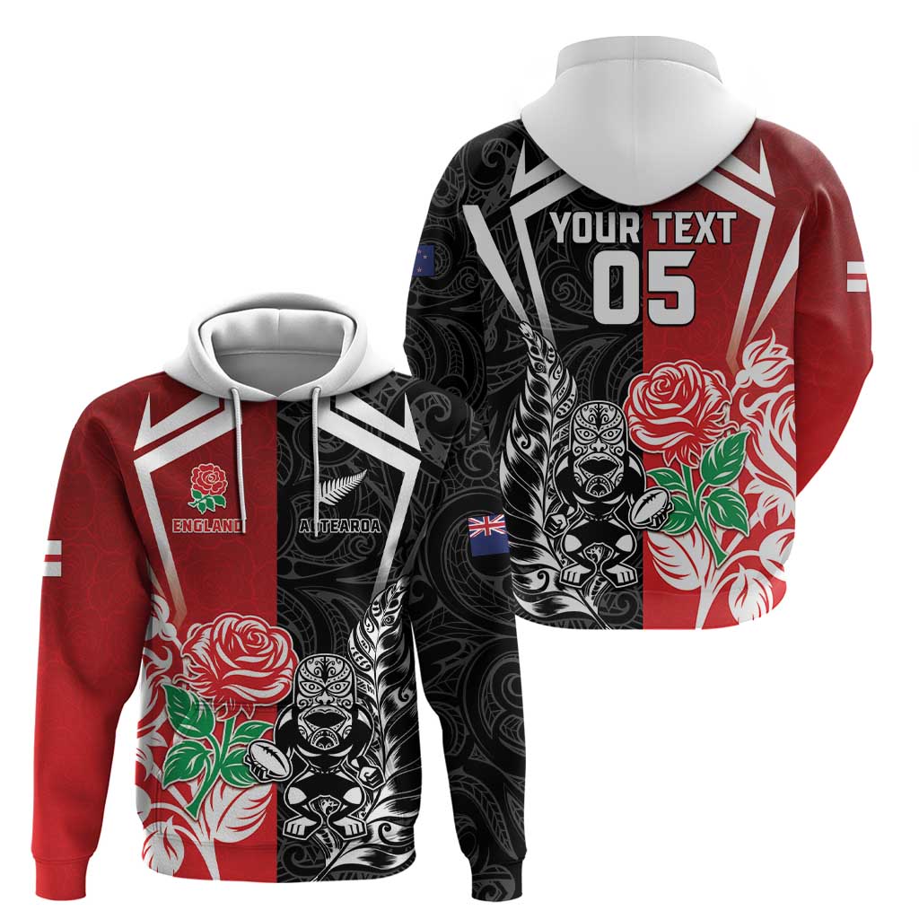 New Zealand And England Rugby Custom Hoodie Maori Tiki With Red Rose Together