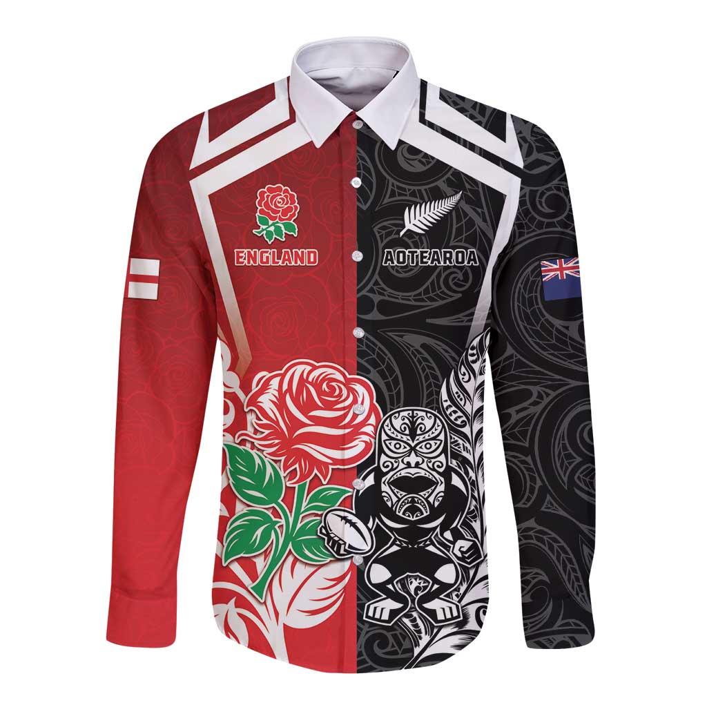 New Zealand And England Rugby Custom Long Sleeve Button Shirt Maori Tiki With Red Rose Together