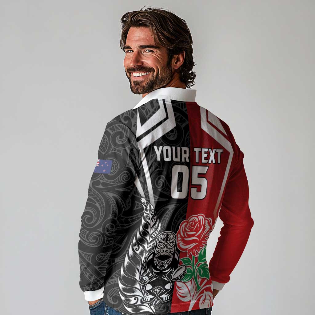 New Zealand And England Rugby Custom Long Sleeve Polo Shirt Maori Tiki With Red Rose Together