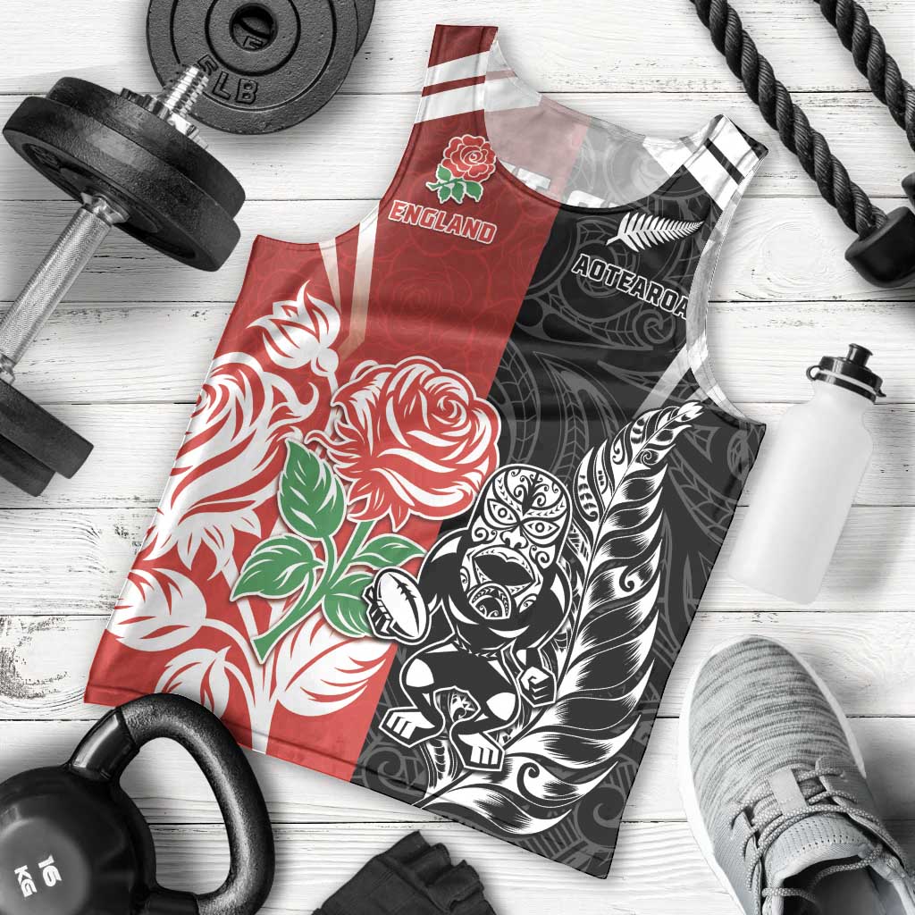 New Zealand And England Rugby Custom Men Tank Top Maori Tiki With Red Rose Together