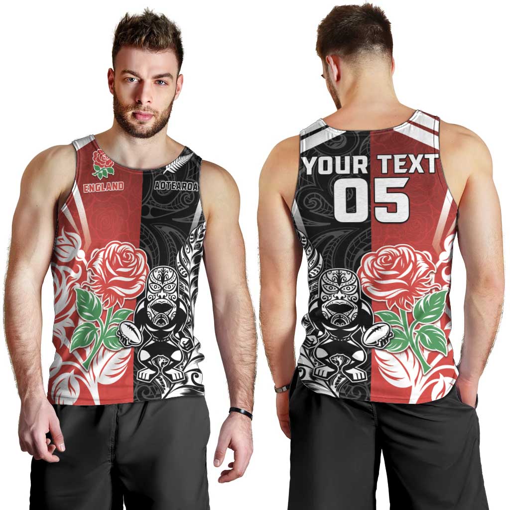 New Zealand And England Rugby Custom Men Tank Top Maori Tiki With Red Rose Together