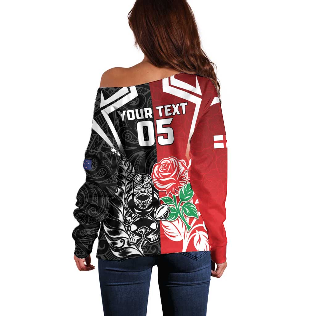 New Zealand And England Rugby Custom Off Shoulder Sweater Maori Tiki With Red Rose Together