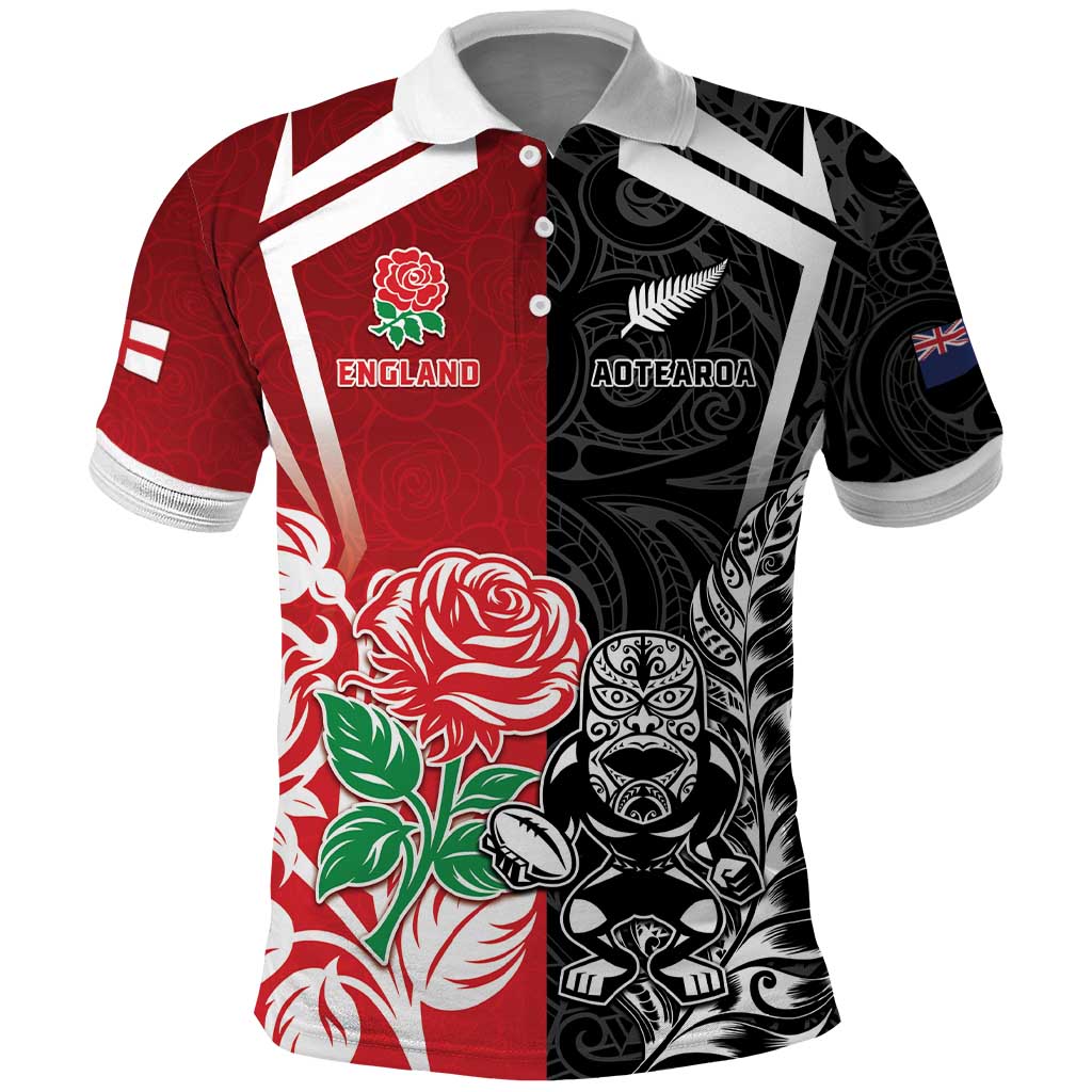 New Zealand And England Rugby Custom Polo Shirt Maori Tiki With Red Rose Together LT05 Red - Polynesian Pride