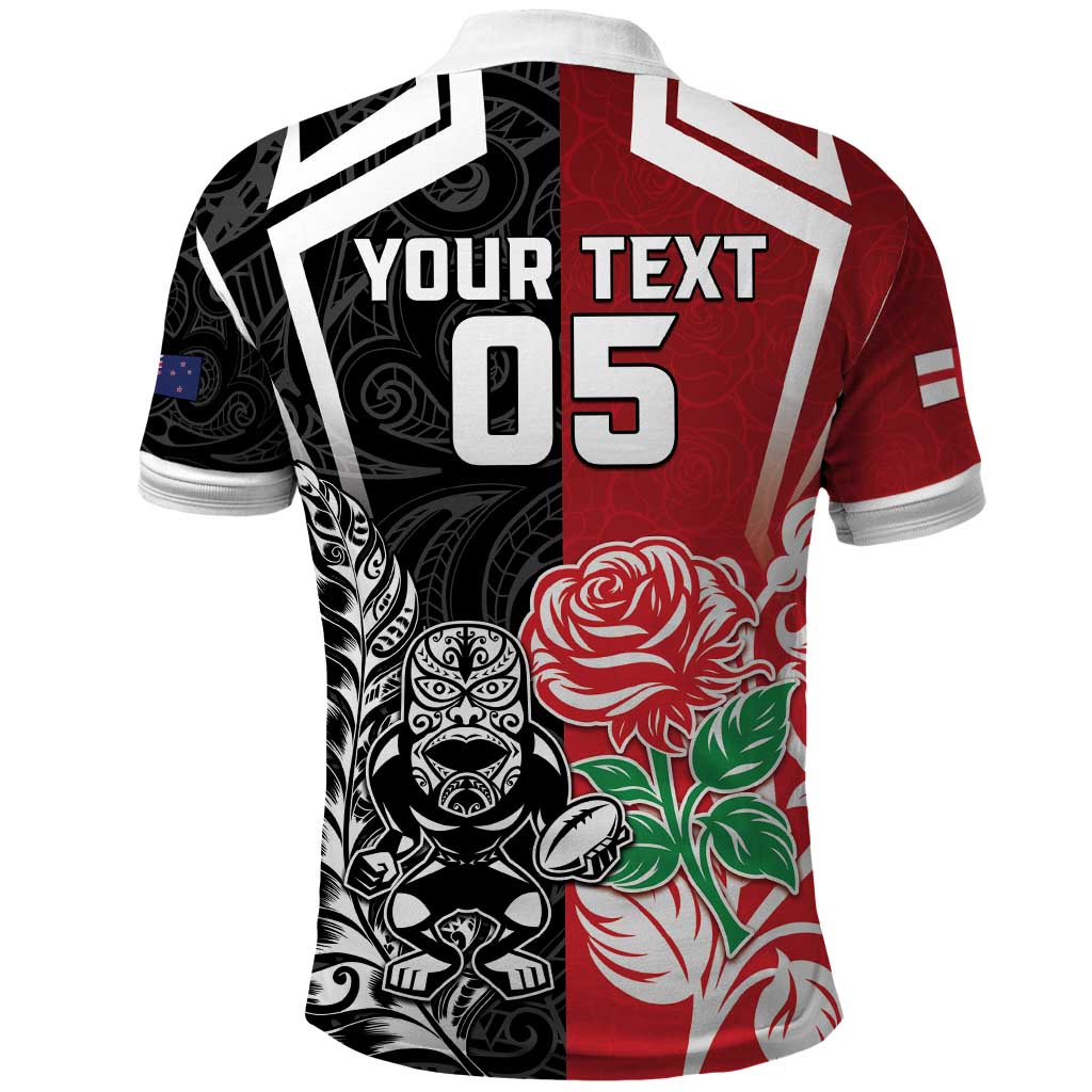 New Zealand And England Rugby Custom Polo Shirt Maori Tiki With Red Rose Together LT05 - Polynesian Pride
