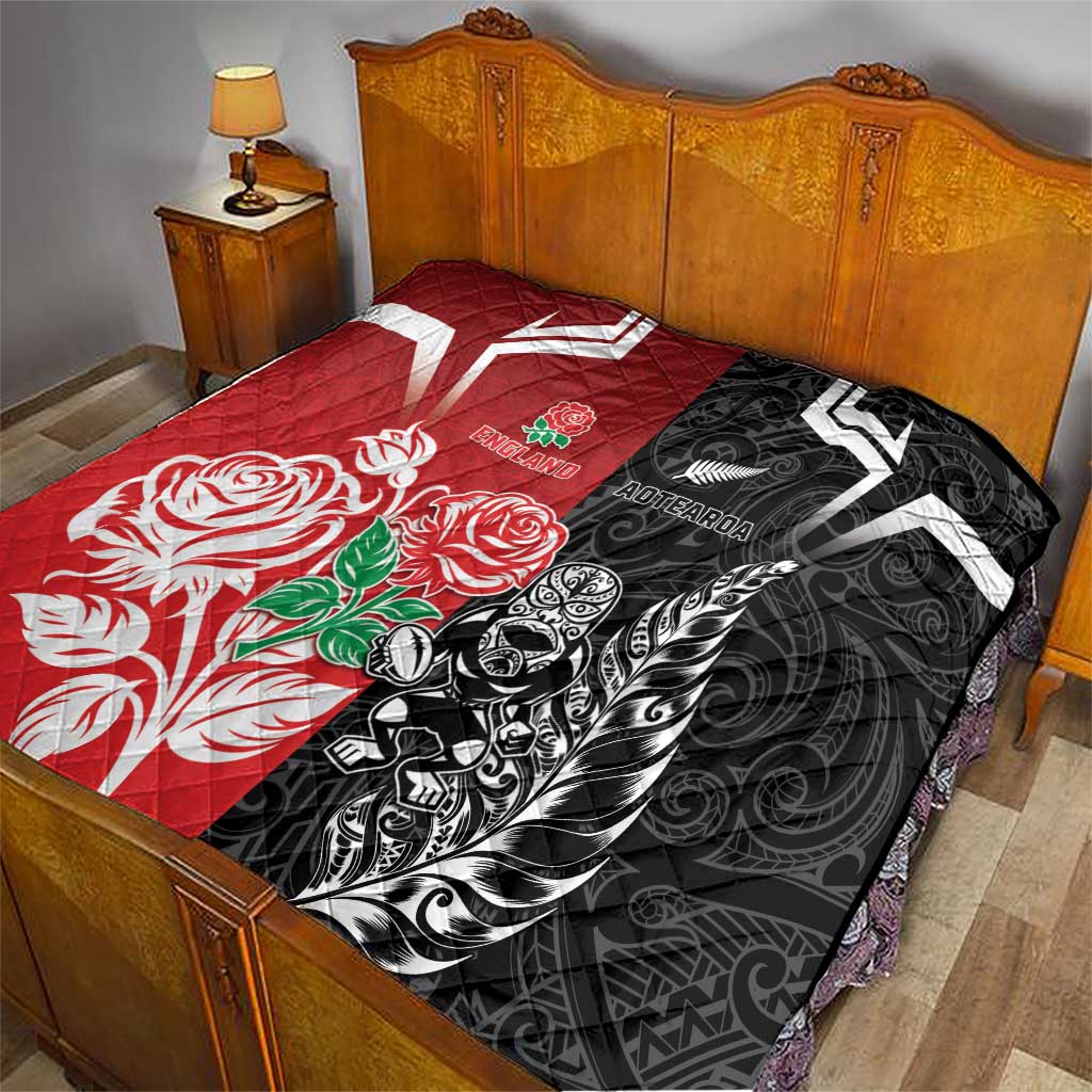 New Zealand And England Rugby Quilt Maori Tiki With Red Rose Together