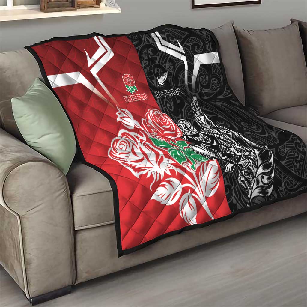 New Zealand And England Rugby Quilt Maori Tiki With Red Rose Together