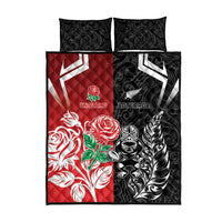 New Zealand And England Rugby Quilt Bed Set Maori Tiki With Red Rose Together