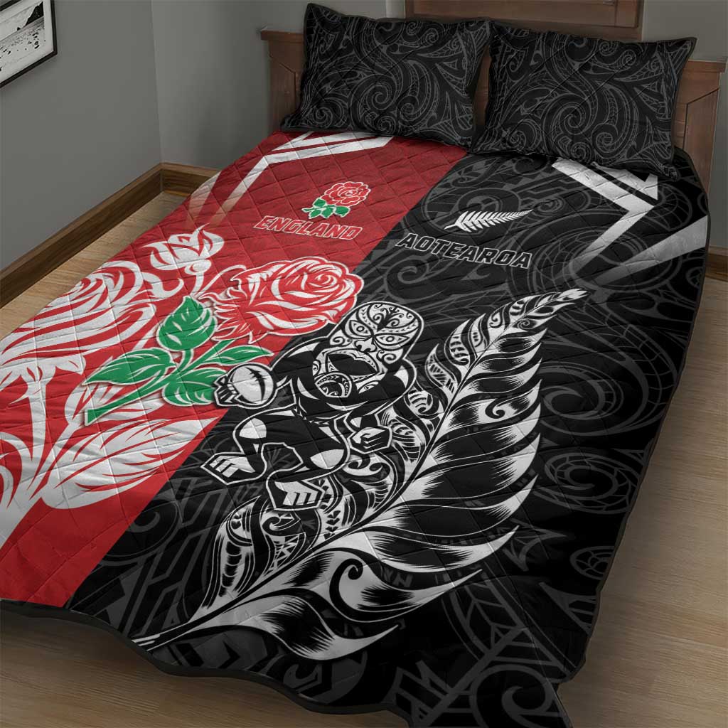 New Zealand And England Rugby Quilt Bed Set Maori Tiki With Red Rose Together