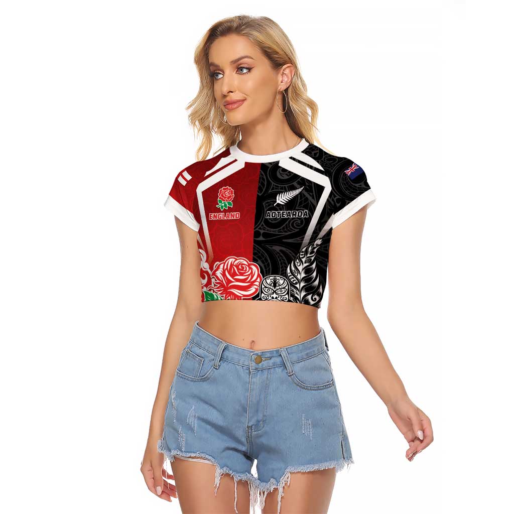 New Zealand And England Rugby Custom Raglan Cropped T Shirt Maori Tiki With Red Rose Together