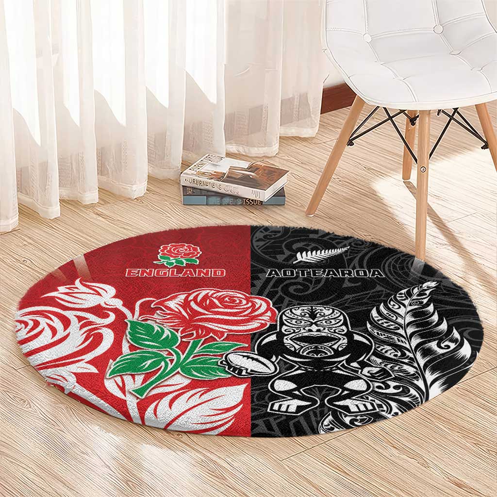 New Zealand And England Rugby Round Carpet Maori Tiki With Red Rose Together