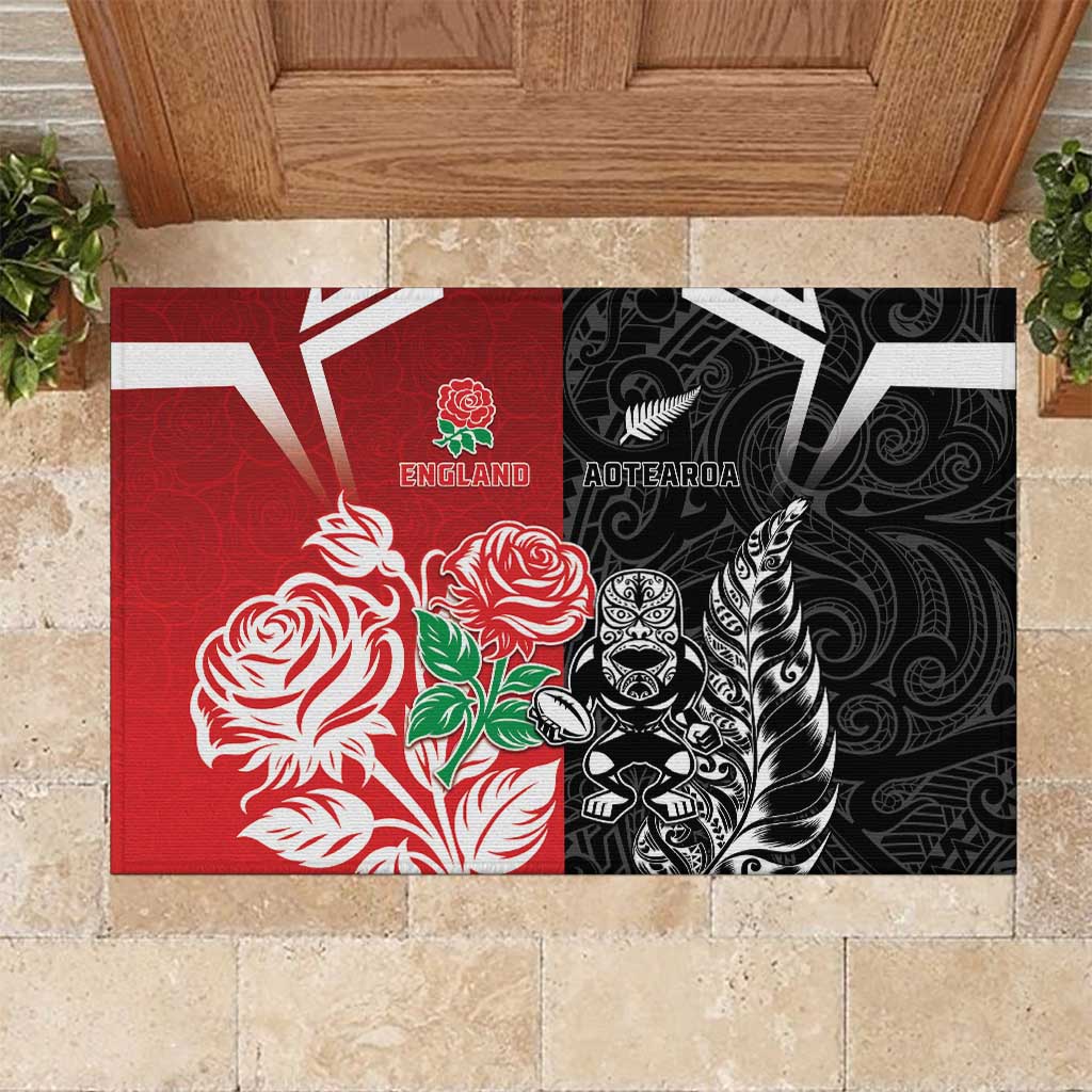 New Zealand And England Rugby Rubber Doormat Maori Tiki With Red Rose Together