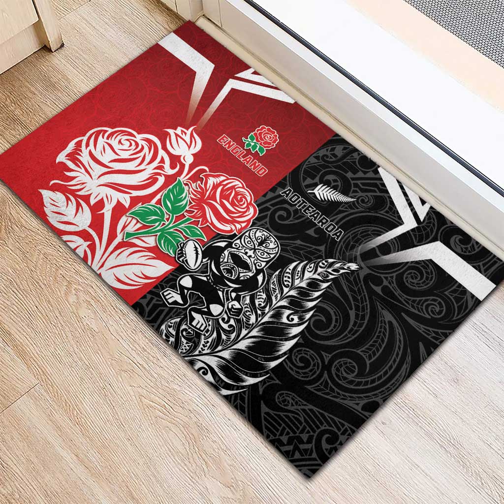 New Zealand And England Rugby Rubber Doormat Maori Tiki With Red Rose Together