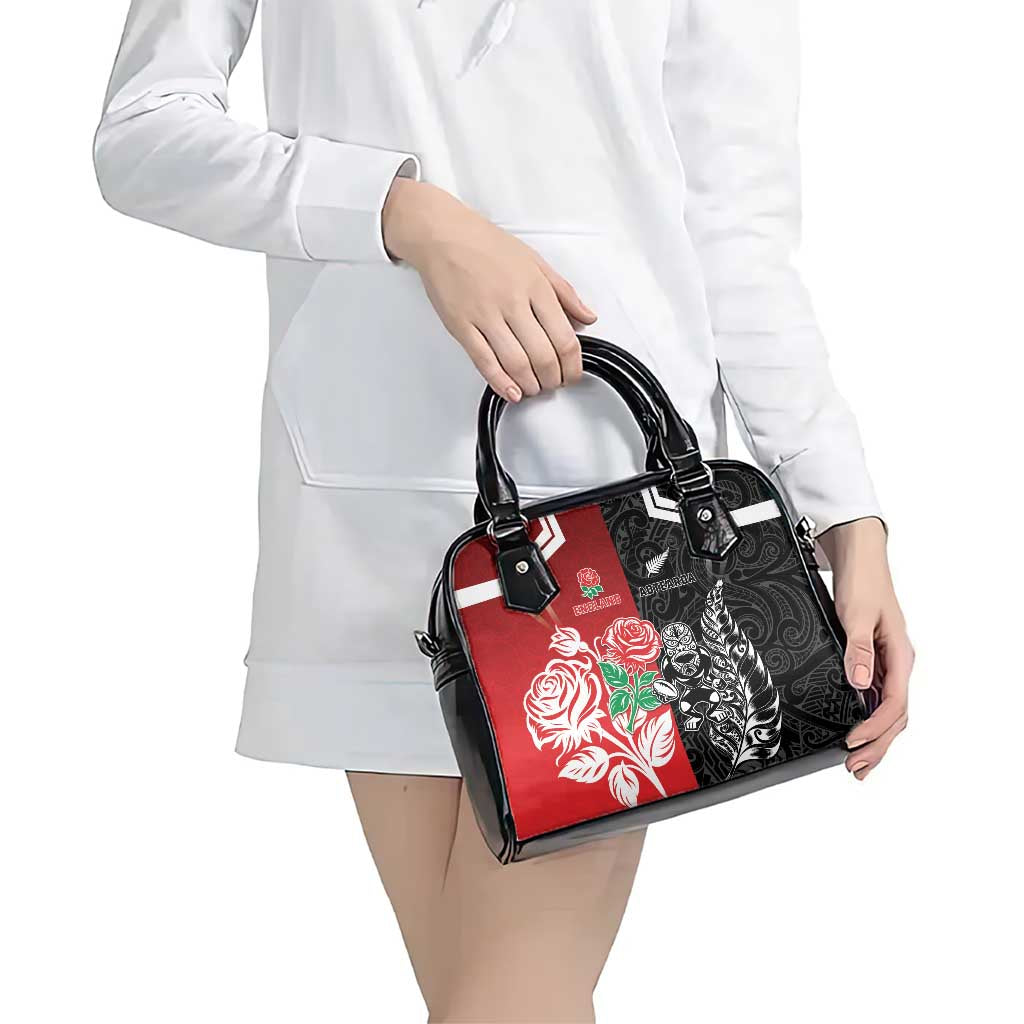 New Zealand And England Rugby Shoulder Handbag Maori Tiki With Red Rose Together