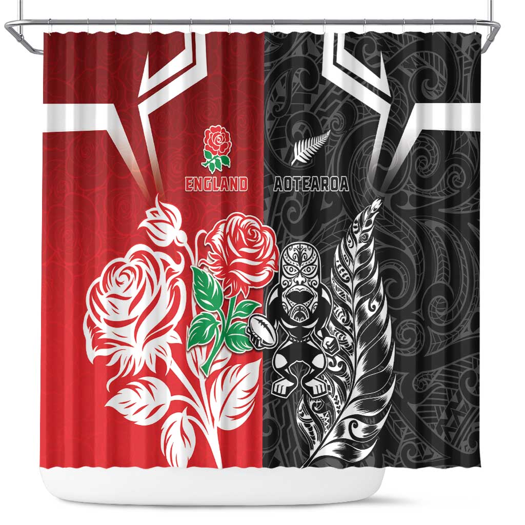 New Zealand And England Rugby Shower Curtain Maori Tiki With Red Rose Together
