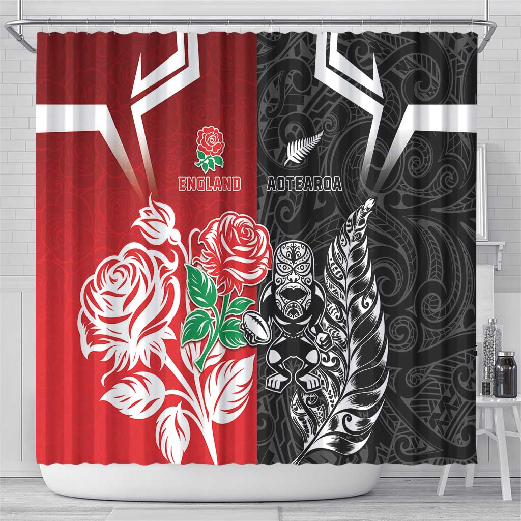 New Zealand And England Rugby Shower Curtain Maori Tiki With Red Rose Together