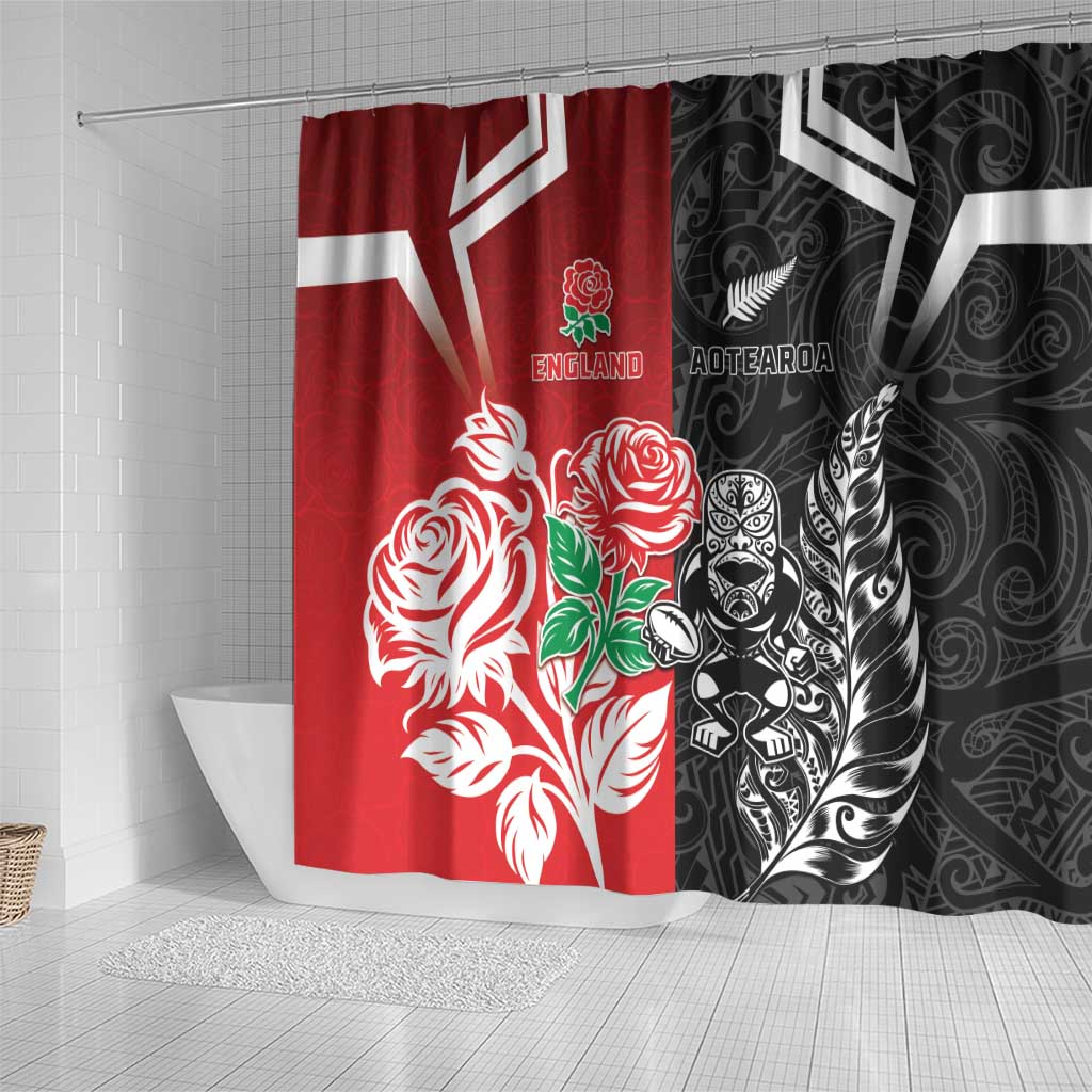 New Zealand And England Rugby Shower Curtain Maori Tiki With Red Rose Together