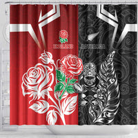 New Zealand And England Rugby Shower Curtain Maori Tiki With Red Rose Together