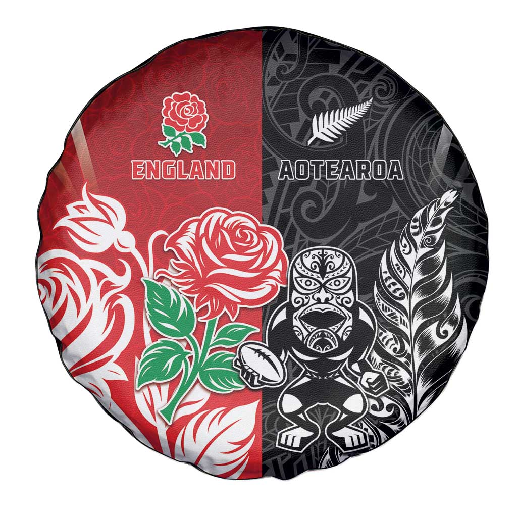 New Zealand And England Rugby Spare Tire Cover Maori Tiki With Red Rose Together