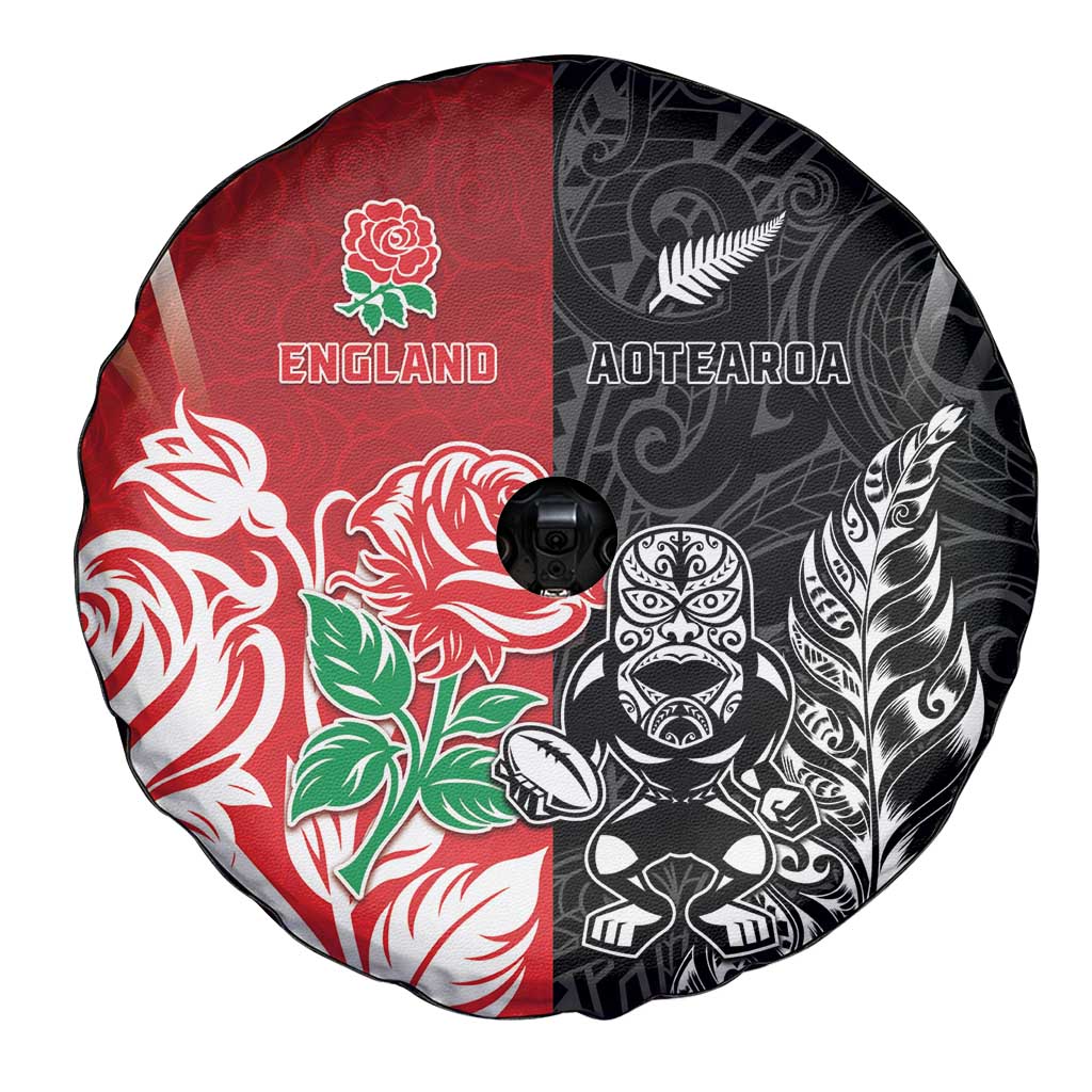 New Zealand And England Rugby Spare Tire Cover Maori Tiki With Red Rose Together