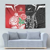 New Zealand And England Rugby Tapestry Maori Tiki With Red Rose Together