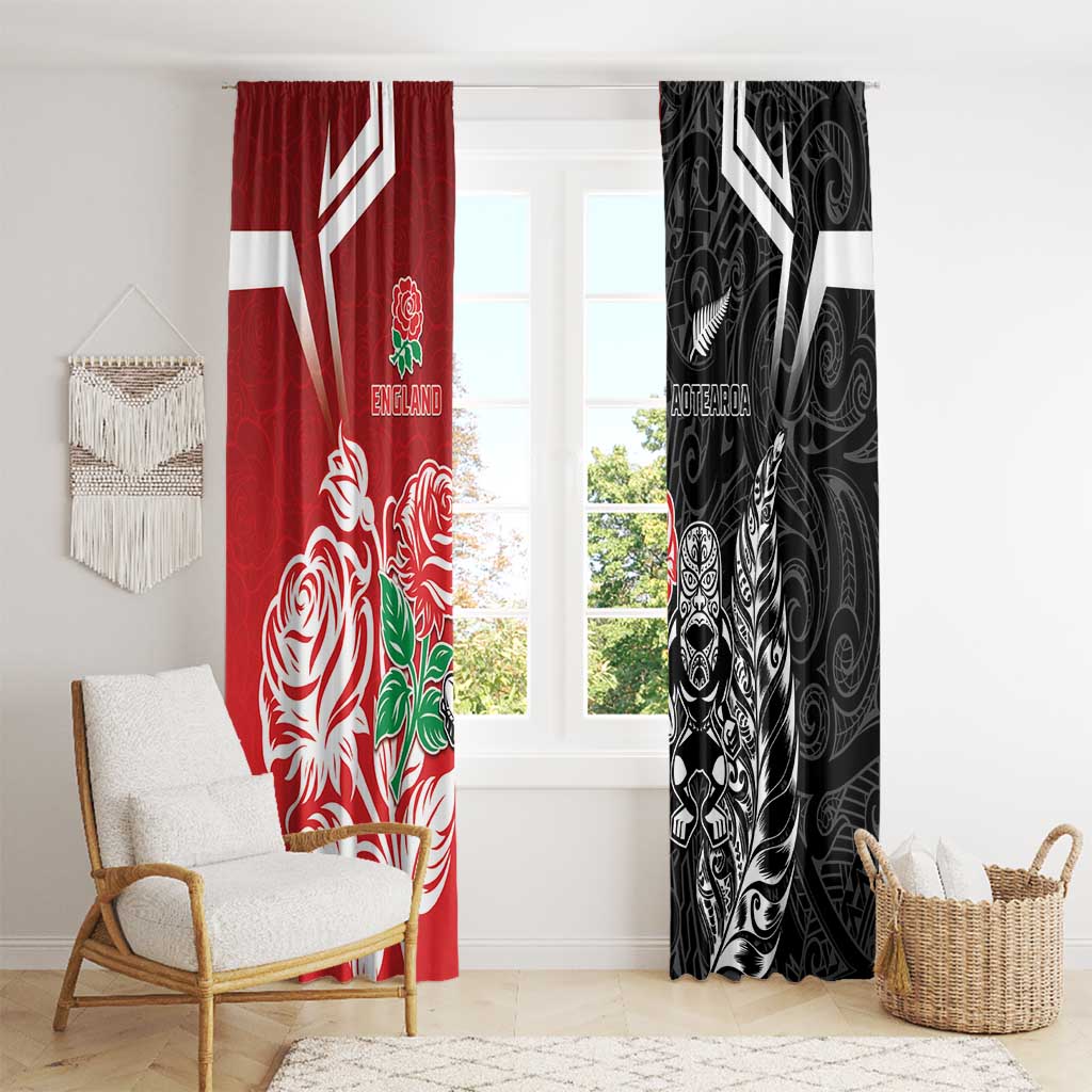 New Zealand And England Rugby Window Curtain Maori Tiki With Red Rose Together