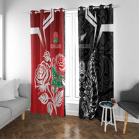 New Zealand And England Rugby Window Curtain Maori Tiki With Red Rose Together