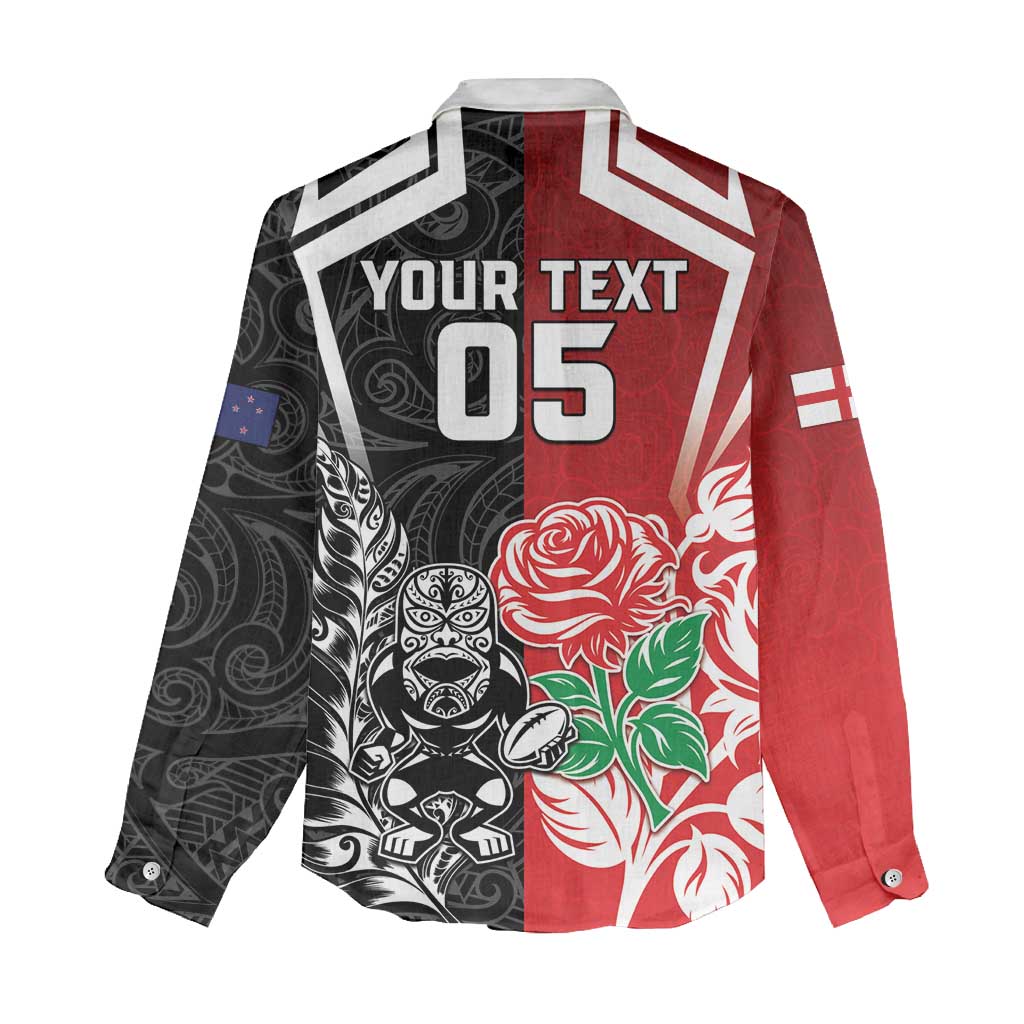 New Zealand And England Rugby Custom Women Casual Shirt Maori Tiki With Red Rose Together