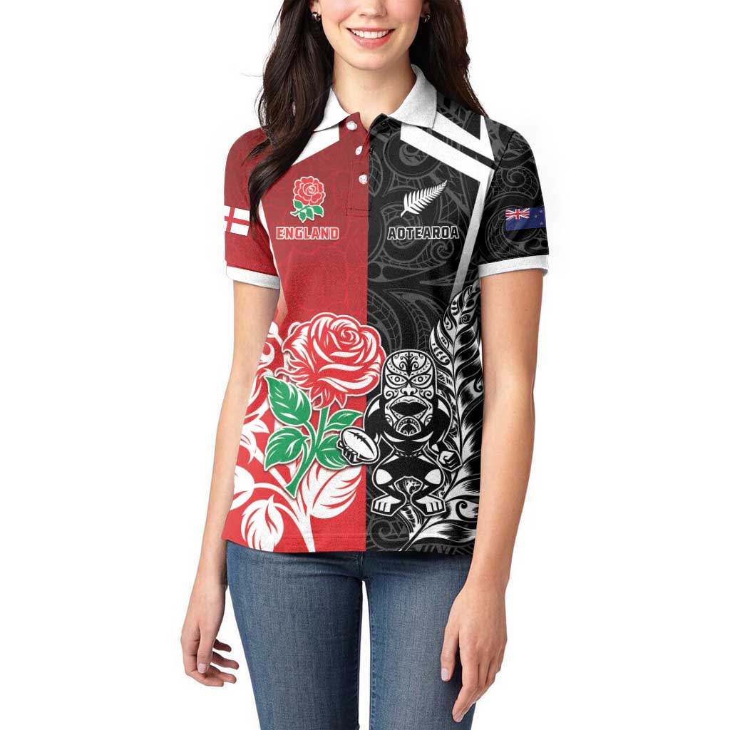 New Zealand And England Rugby Custom Women Polo Shirt Maori Tiki With Red Rose Together