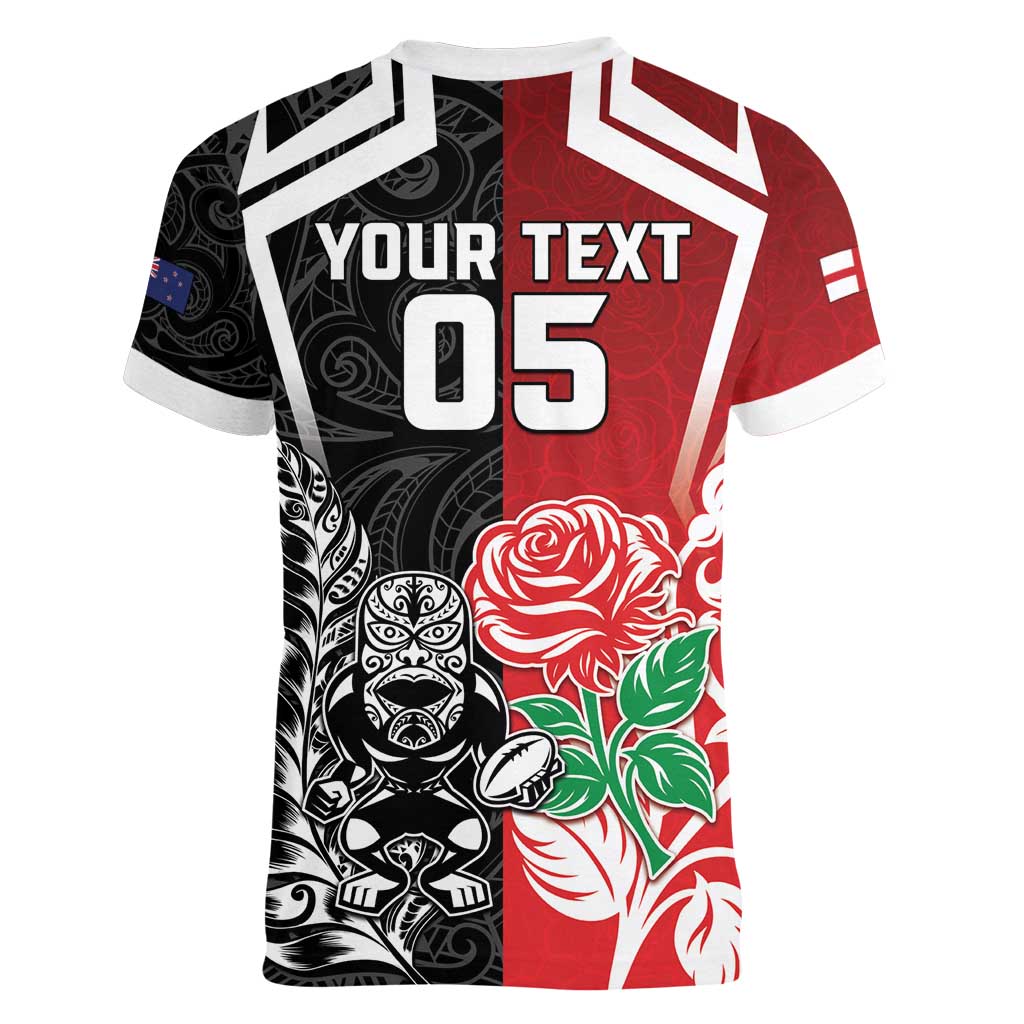 New Zealand And England Rugby Custom Women V-Neck T-Shirt Maori Tiki With Red Rose Together