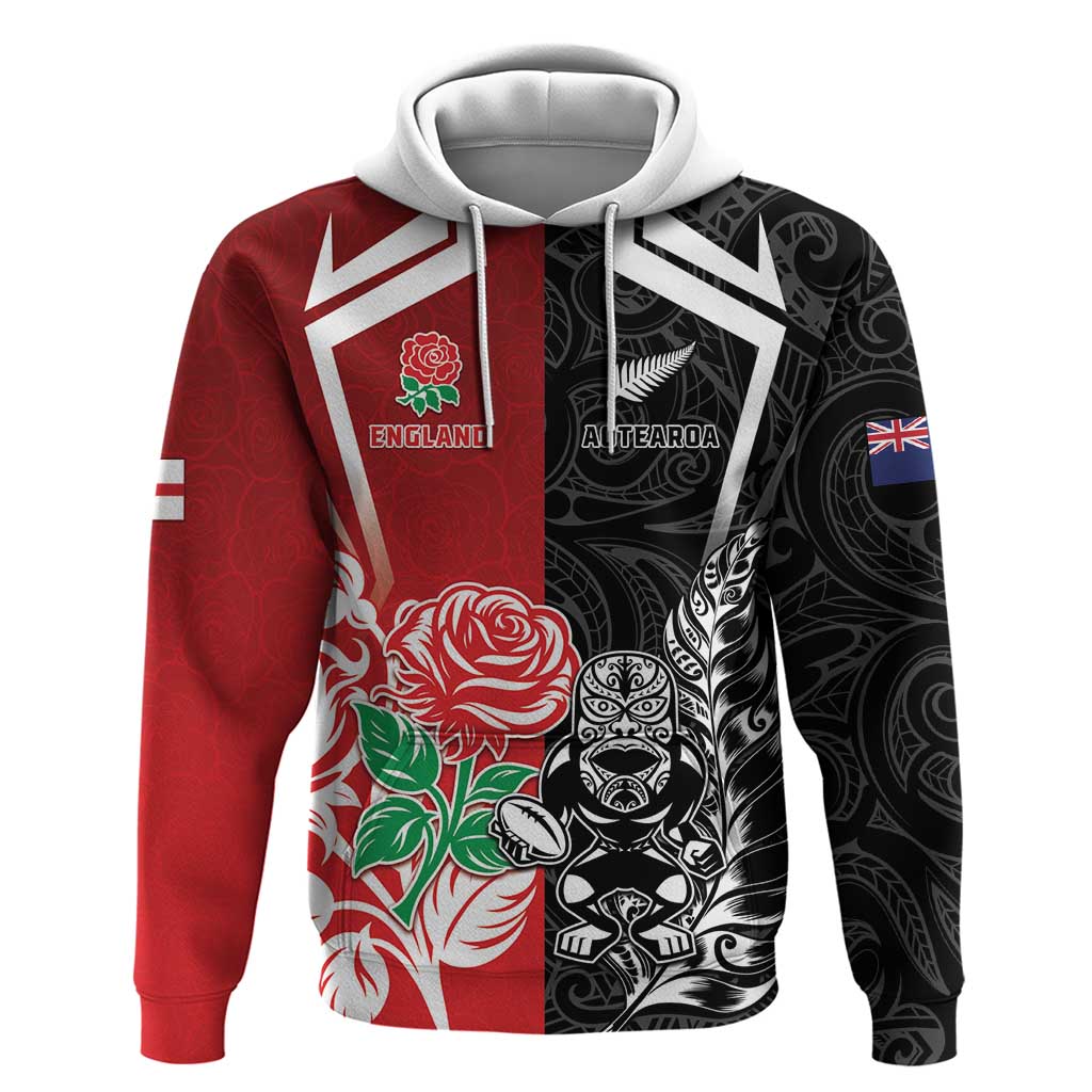 New Zealand And England Rugby Custom Zip Hoodie Maori Tiki With Red Rose Together