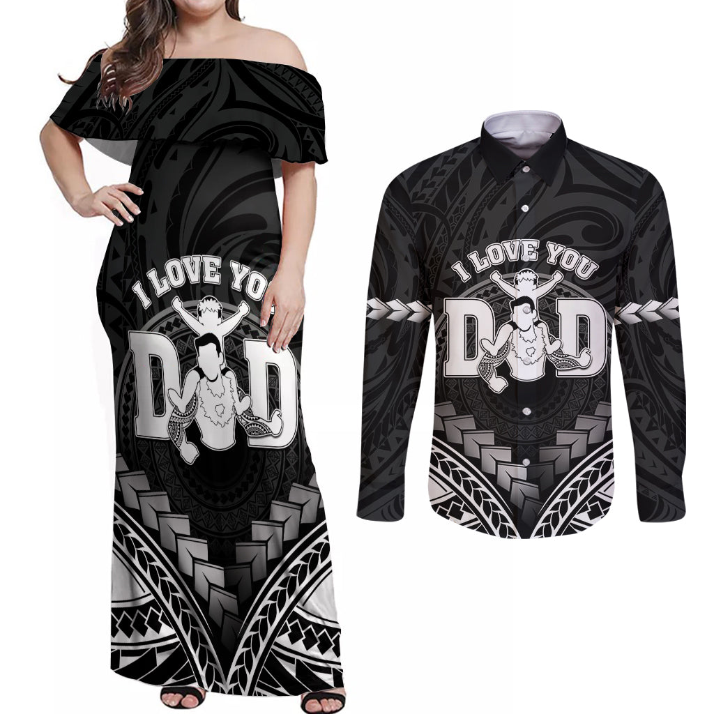 Personalised Happy Father's Day Couples Matching Off Shoulder Maxi Dress and Long Sleeve Button Shirt I Love You Dad Polynesian Style