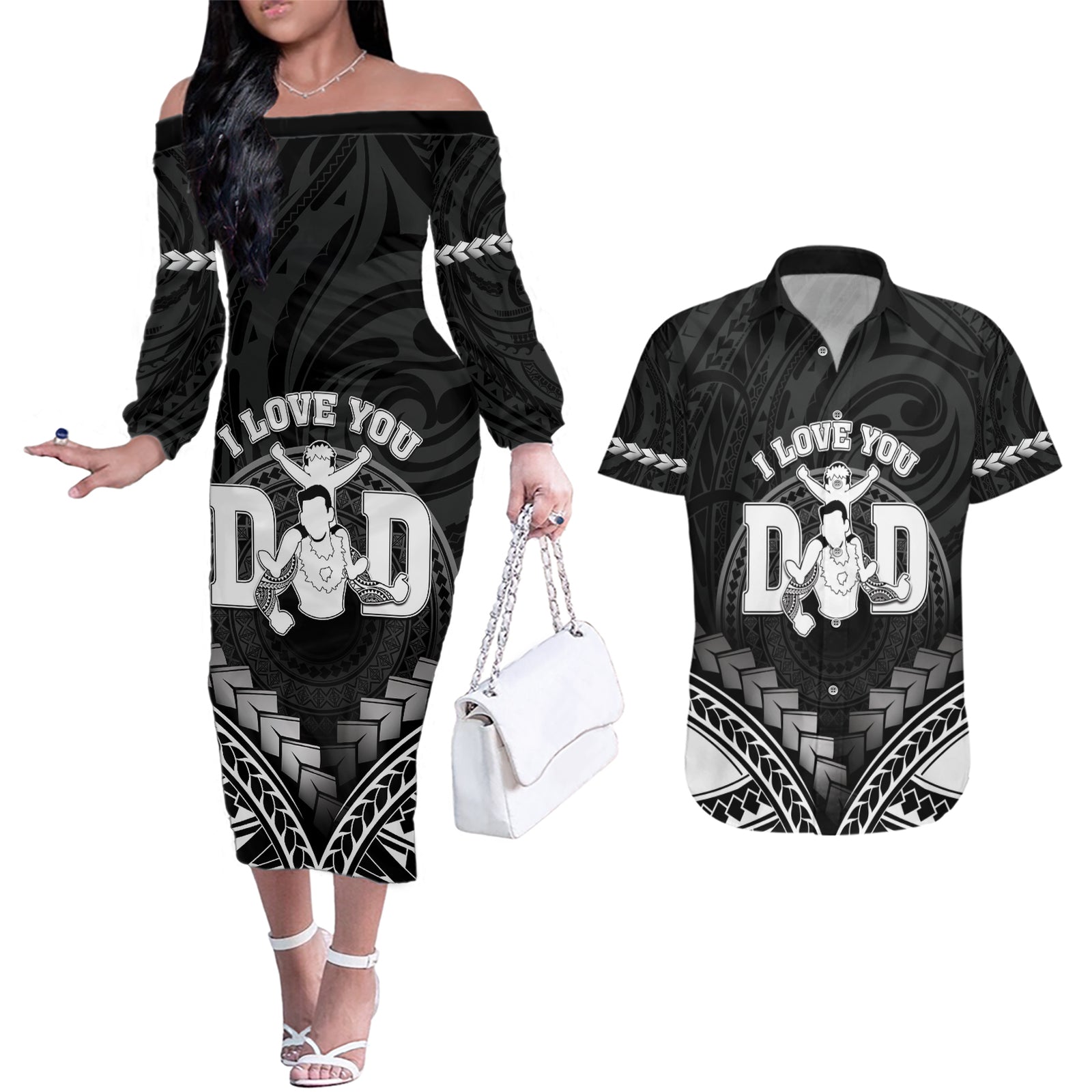 Personalised Happy Father's Day Couples Matching Off The Shoulder Long Sleeve Dress and Hawaiian Shirt I Love You Dad Polynesian Style