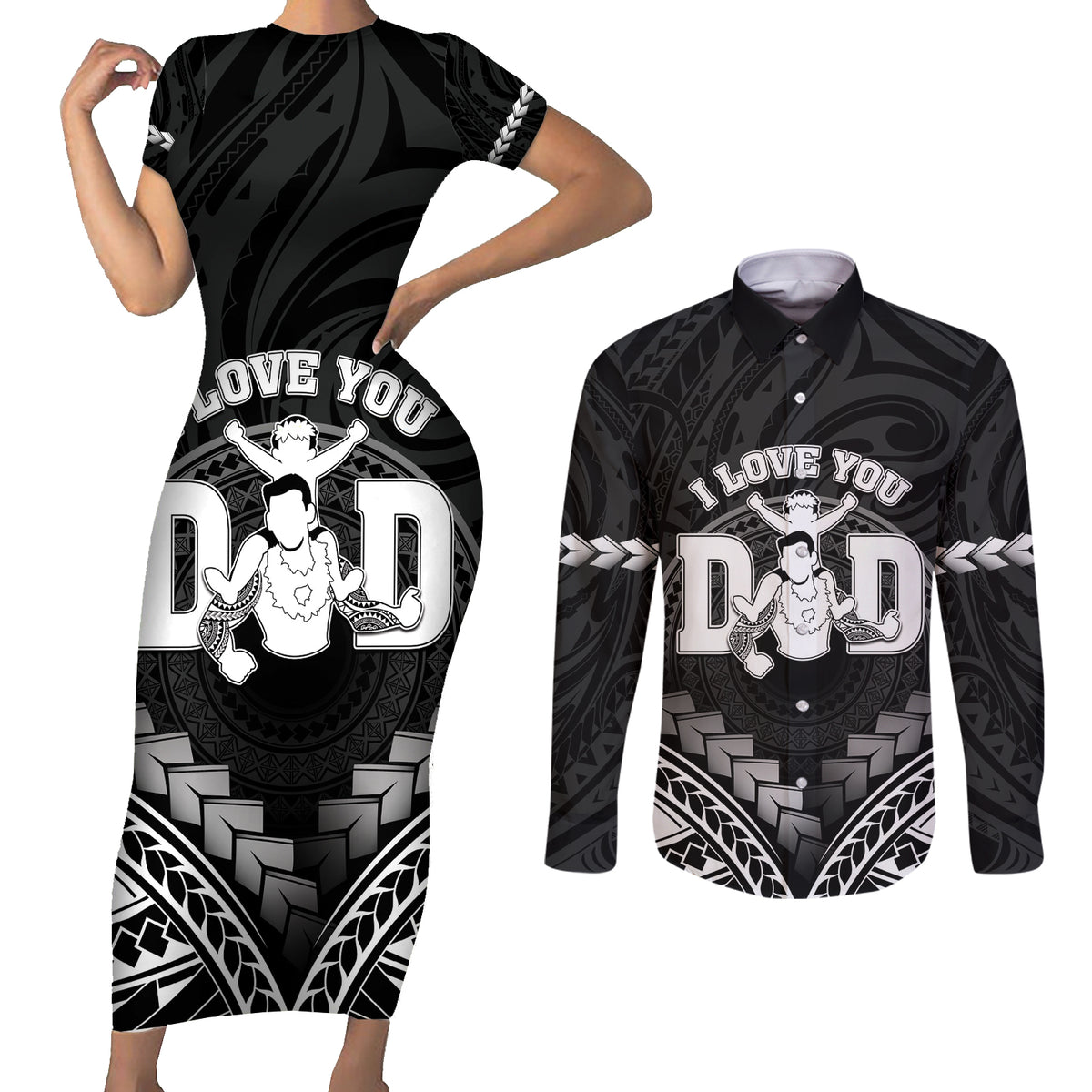 Personalised Happy Father's Day Couples Matching Short Sleeve Bodycon Dress and Long Sleeve Button Shirt I Love You Dad Polynesian Style