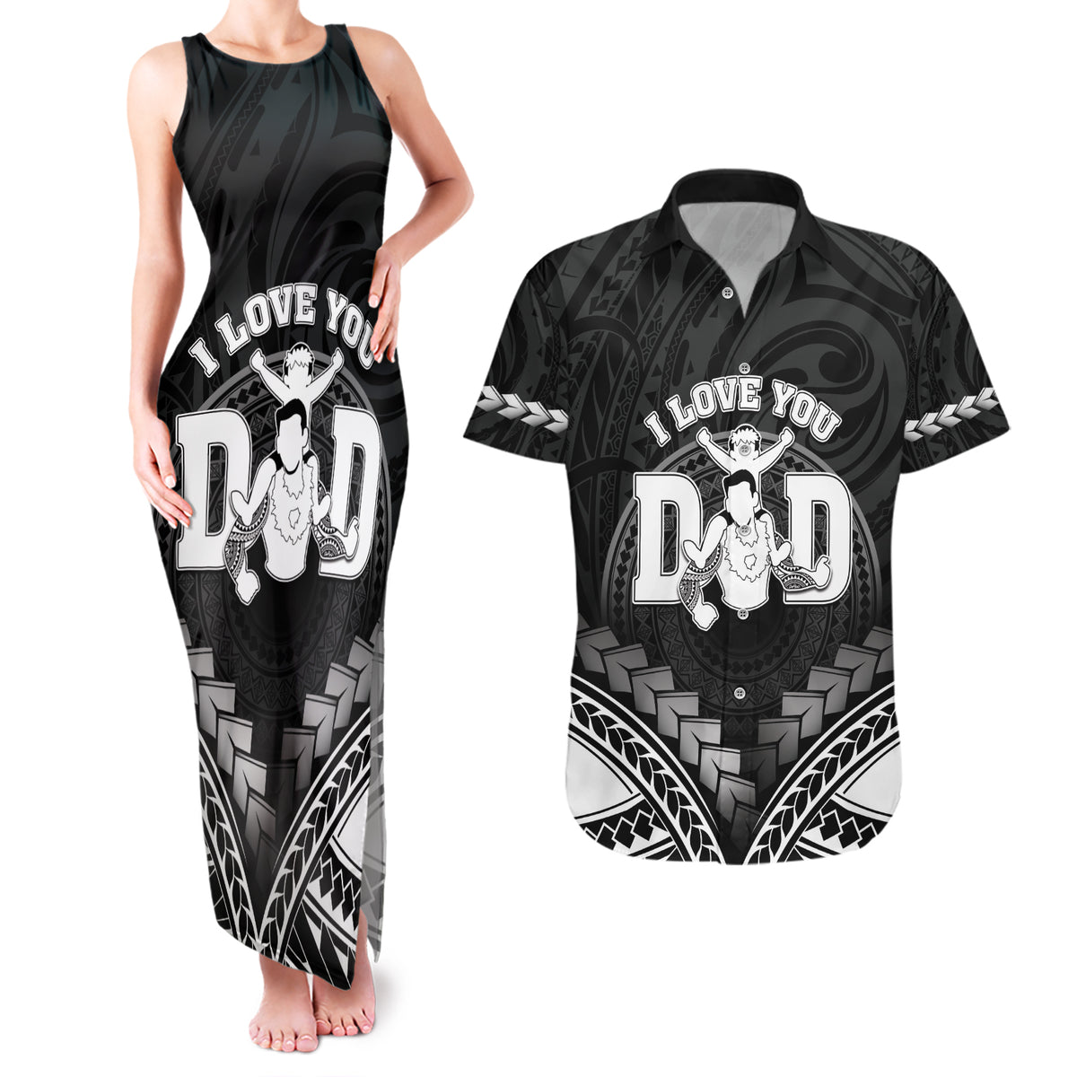 Personalised Happy Father's Day Couples Matching Tank Maxi Dress and Hawaiian Shirt I Love You Dad Polynesian Style LT05 Black - Polynesian Pride