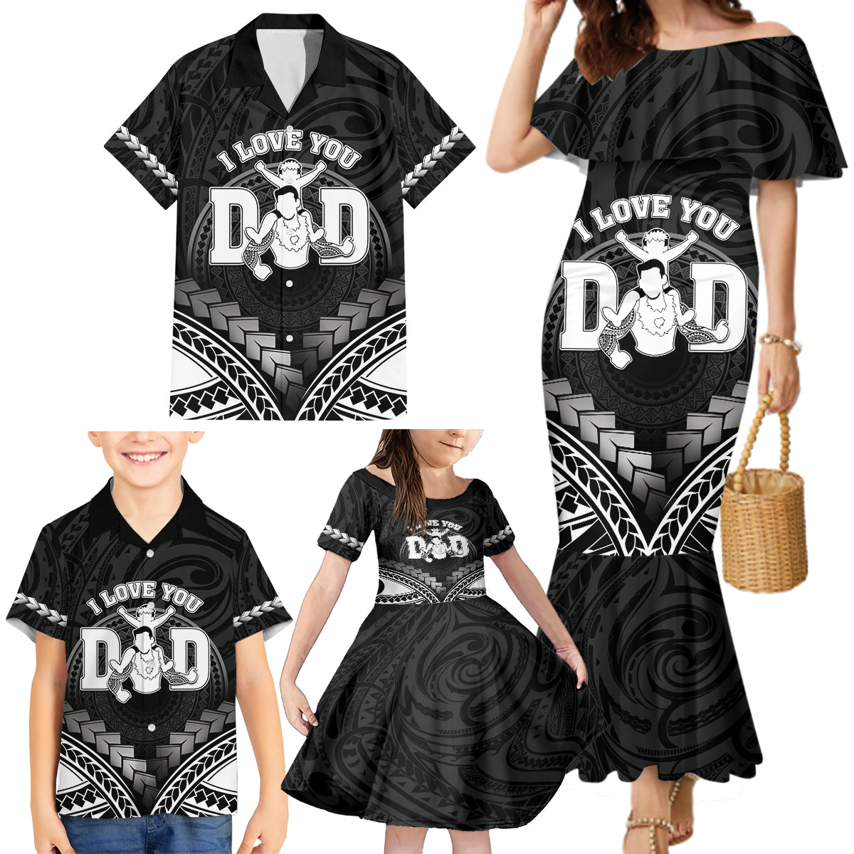 Personalised Happy Father's Day Family Matching Mermaid Dress and Hawaiian Shirt I Love You Dad Polynesian Style