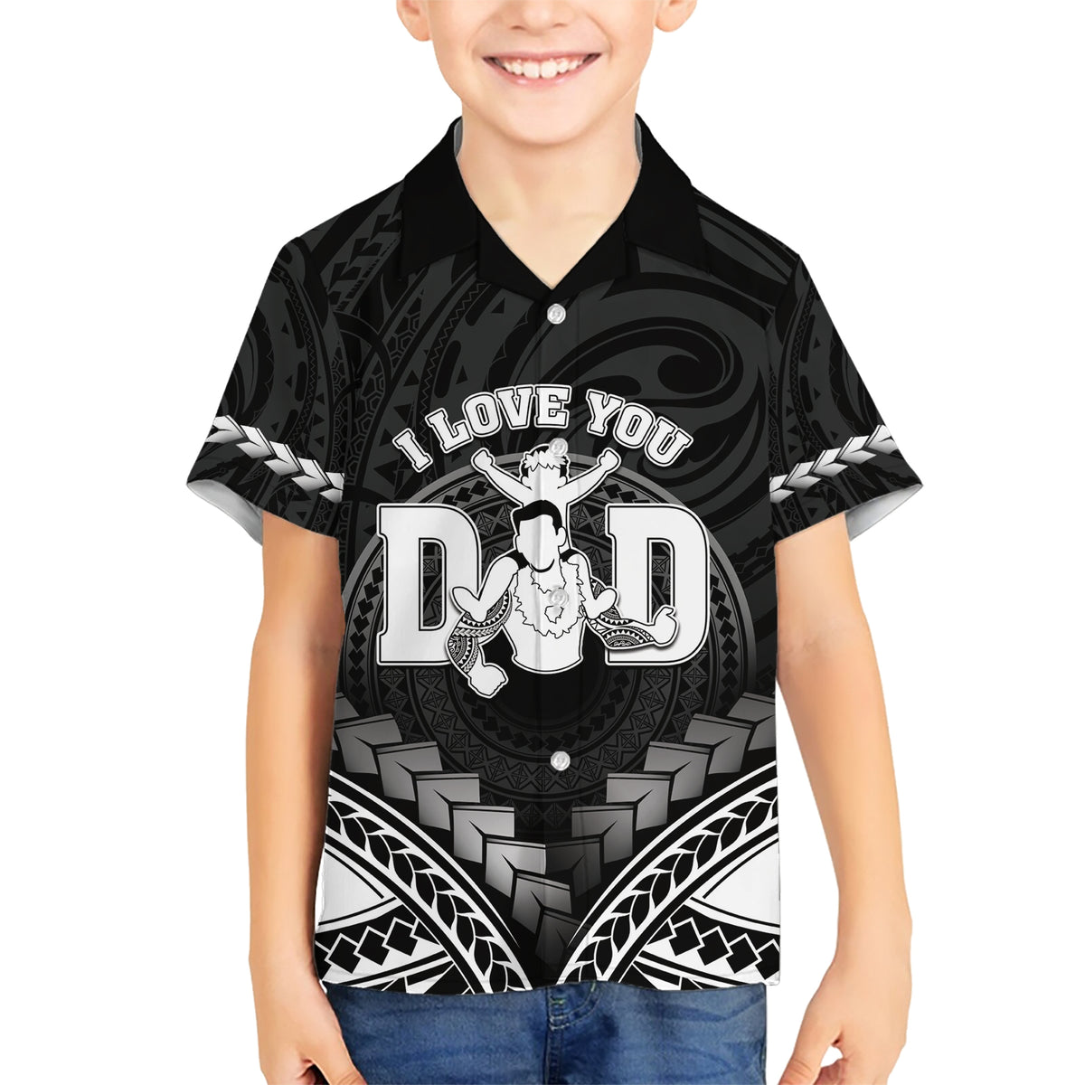 Personalised Happy Father's Day Family Matching Short Sleeve Bodycon Dress and Hawaiian Shirt I Love You Dad Polynesian Style